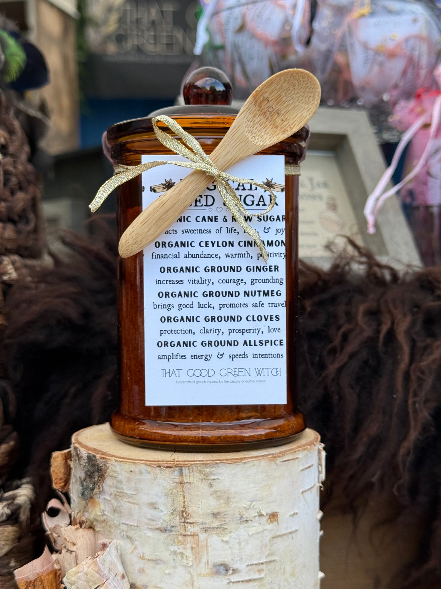 Magical Spiced Sugar ~ 10oz amber glass jar w/ wood spoon