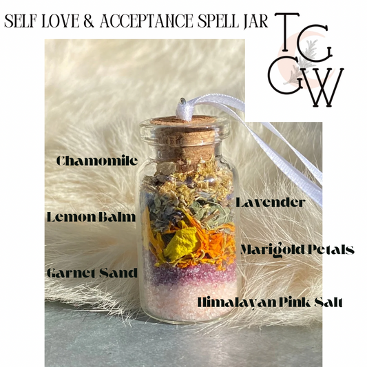 Self Love & Acceptance Spell Jar on satin ribbon