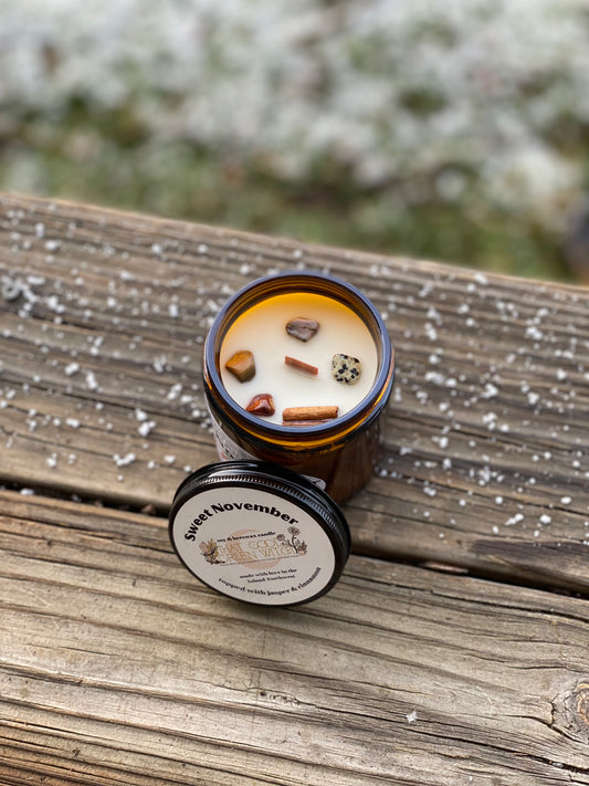 ‘Sweet November’ amber glass jar Candle